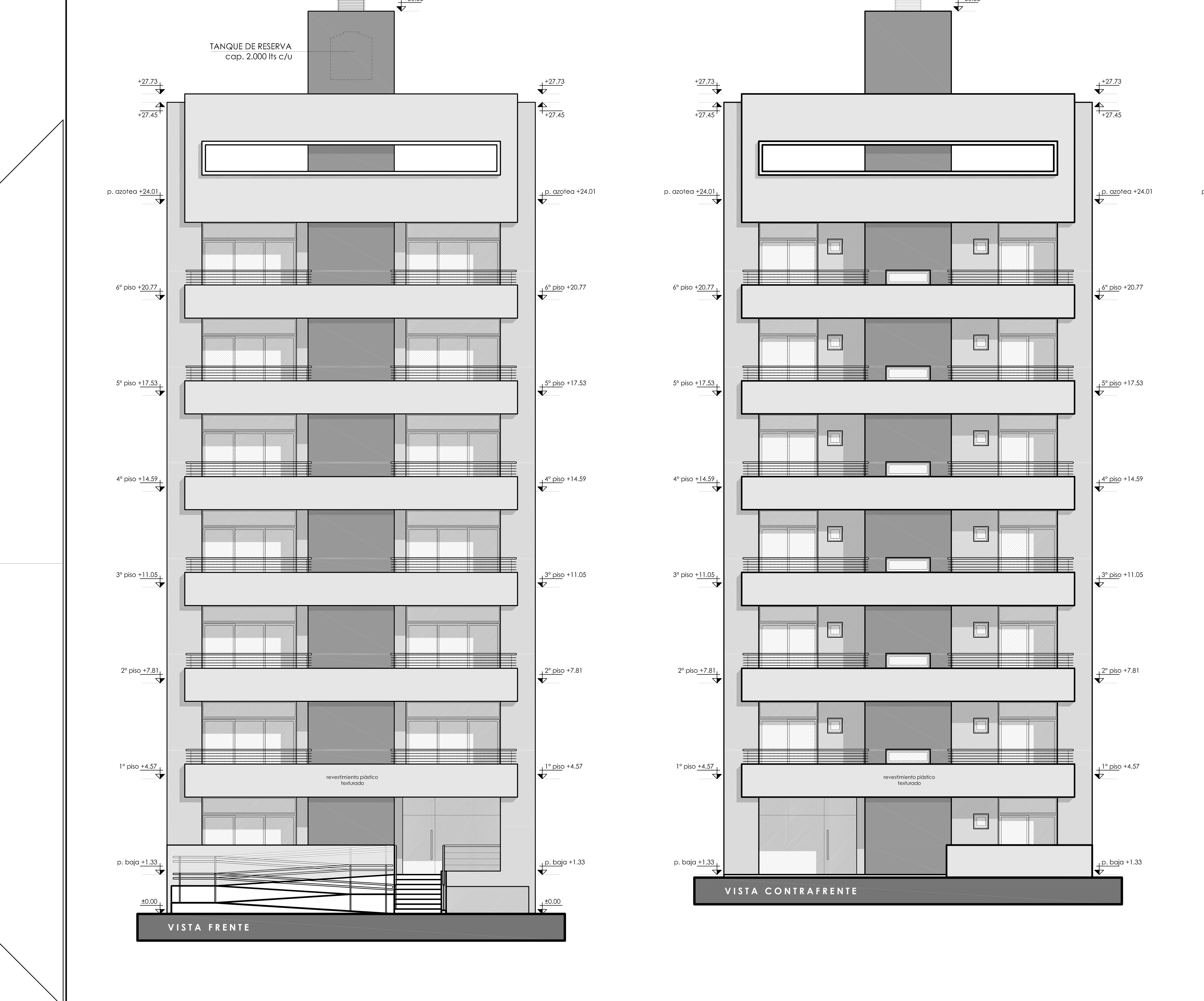 Vista frente y contrafrente del edificio — proyecto aprobado