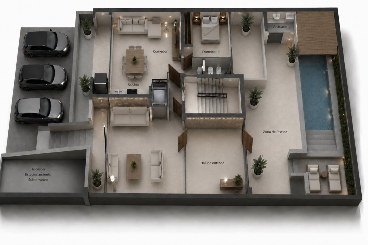 Render planta de amenities con piscina